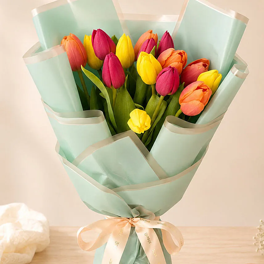 Beautifully Wrapped Mixed Tulips Bouquet