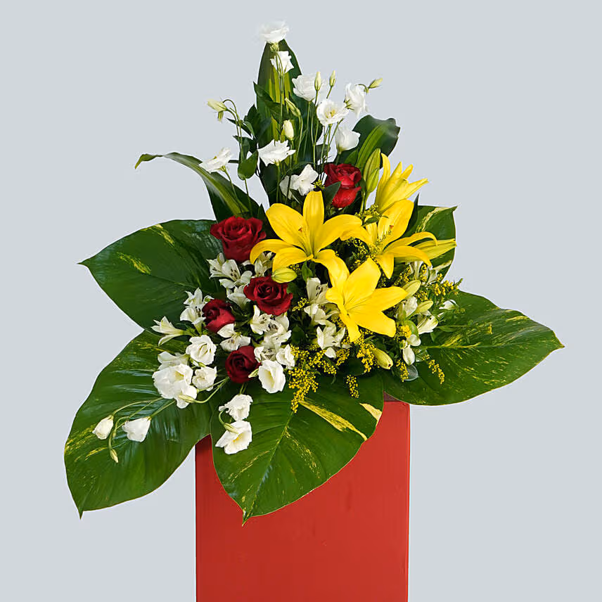 Magnificent Mixed Flowers Red Cardboard Stand