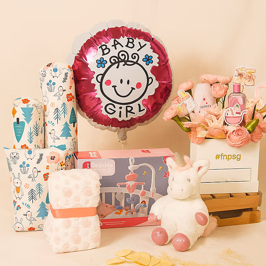 Its a Baby Girl Flowers box giftset and Balloon