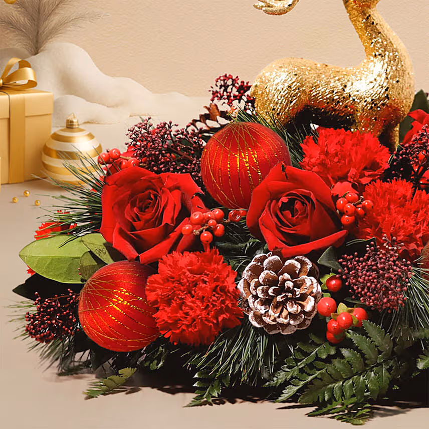 Happy Holidays Table Flowers with Reindeer