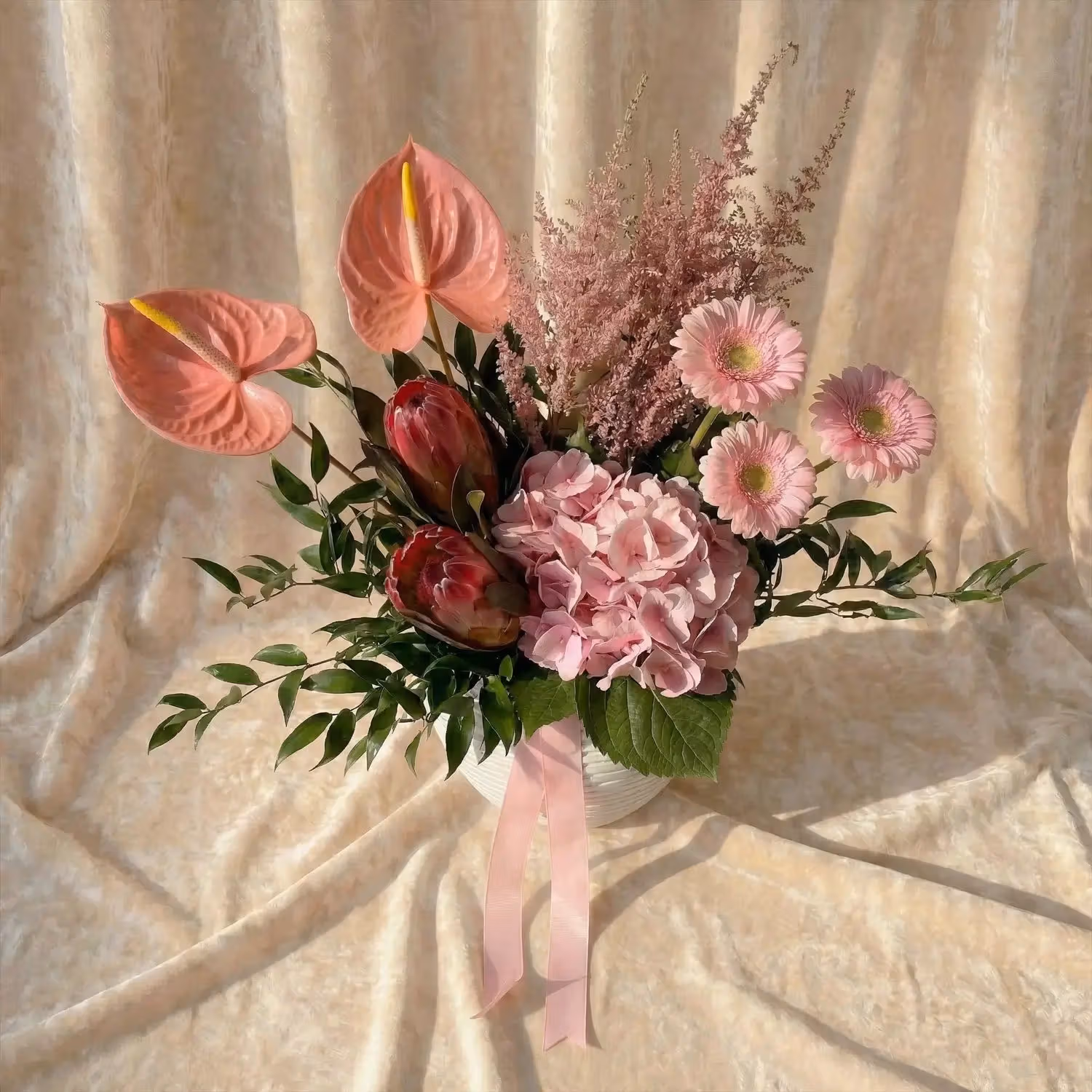 Elegant Pink Anthurium & Gerbera Bouquet in White Pot