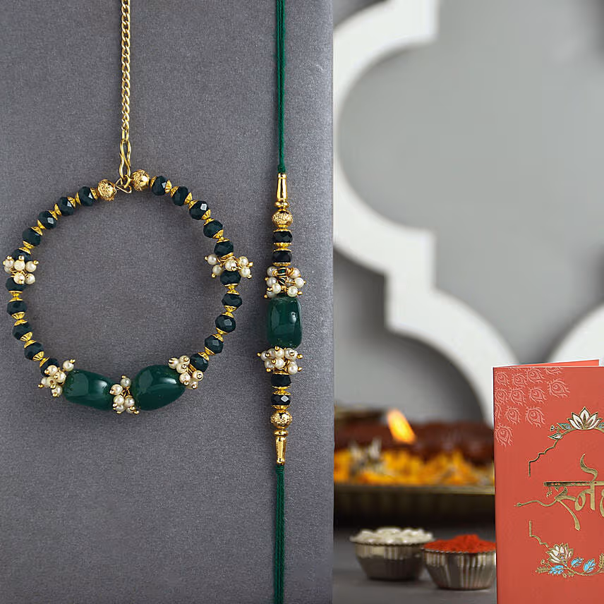 Enchanted Stone Work Lumba Pearl Rakhi Set for Bhaiya Bhabhi