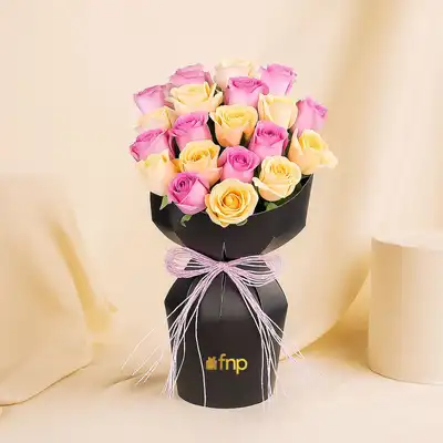 Peach N Pink Roses Bouquet In New Nice Packaging