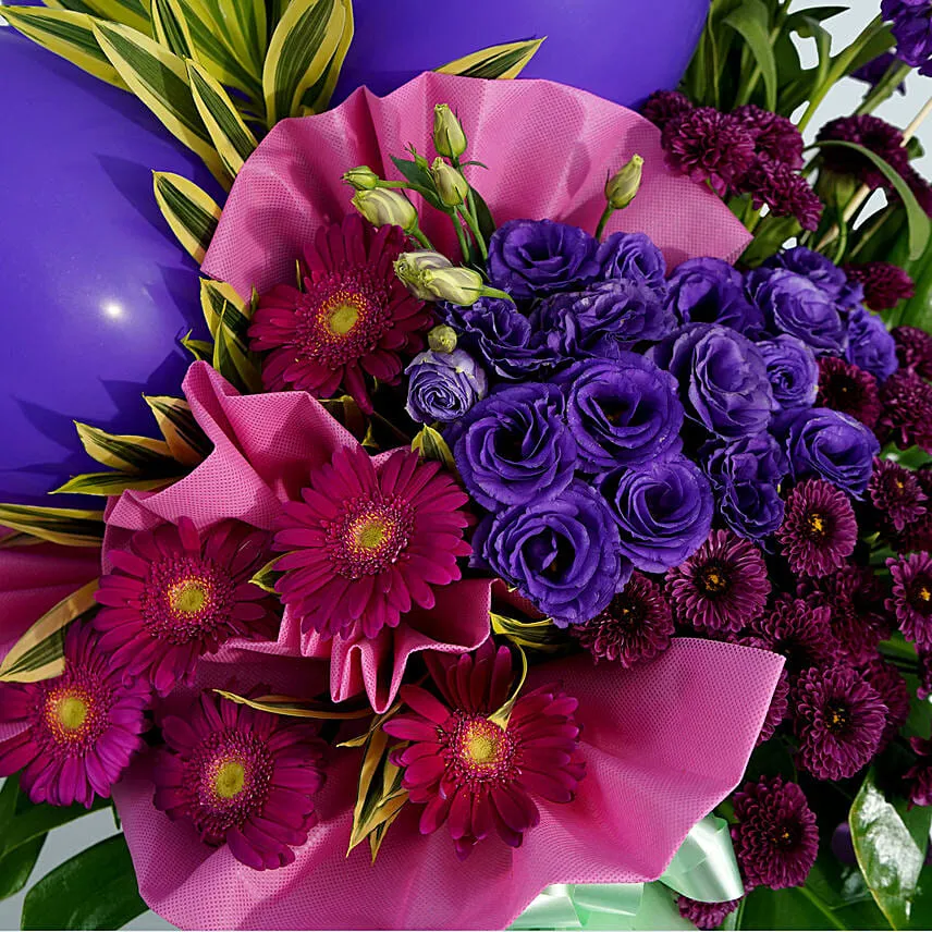 Mixed Flowers Purple Balloons Cardboard Stand