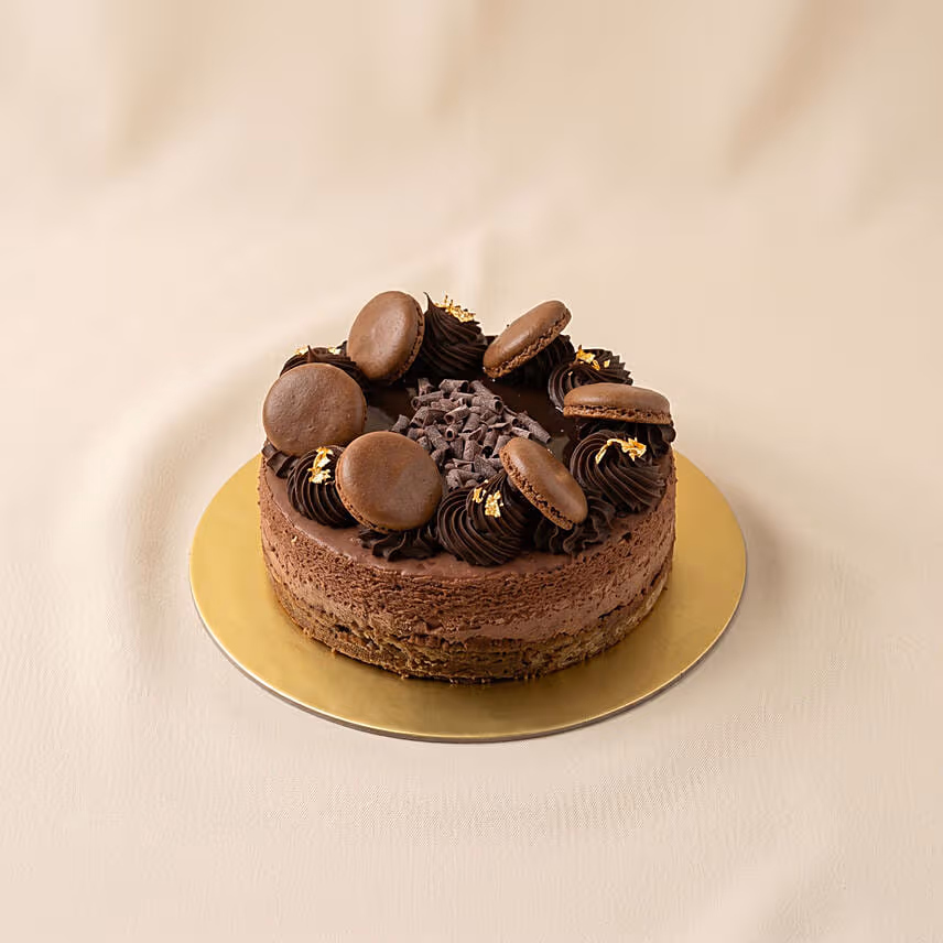 Decadent Chocolate Baked Cheesecake with Macarons