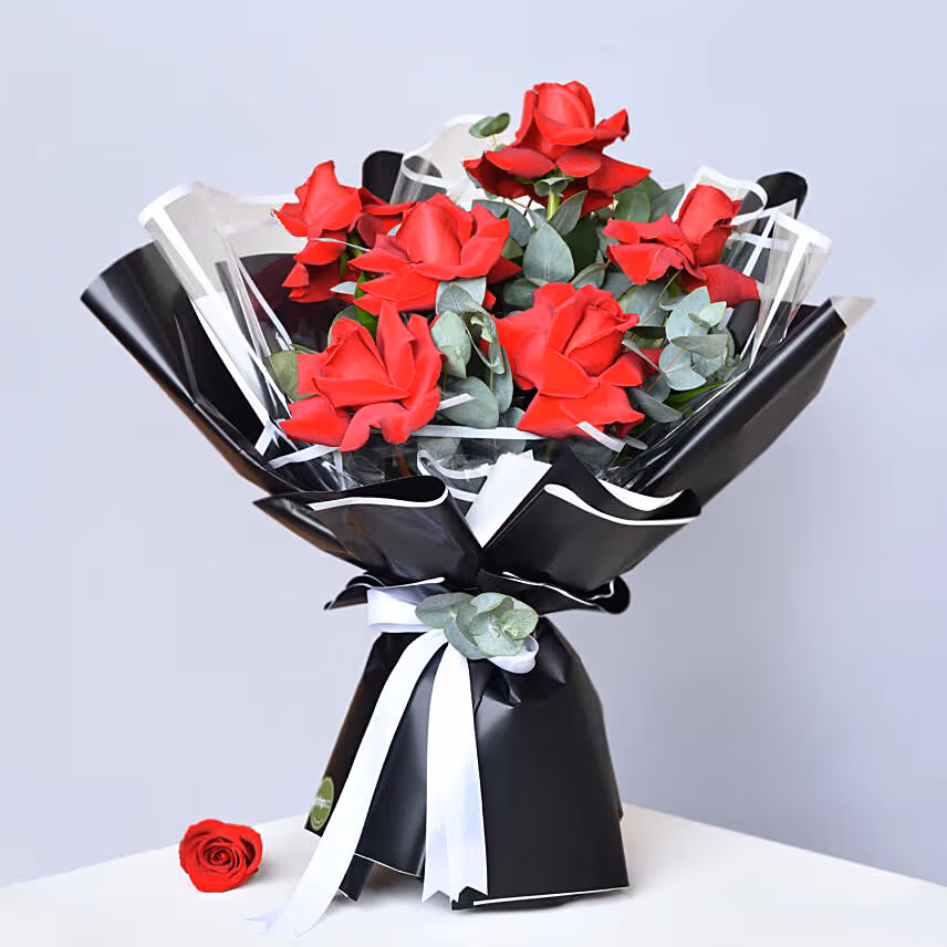 Elegant Red Roses Bouquet with Fresh Mix Fruit Cake - 4 Portion