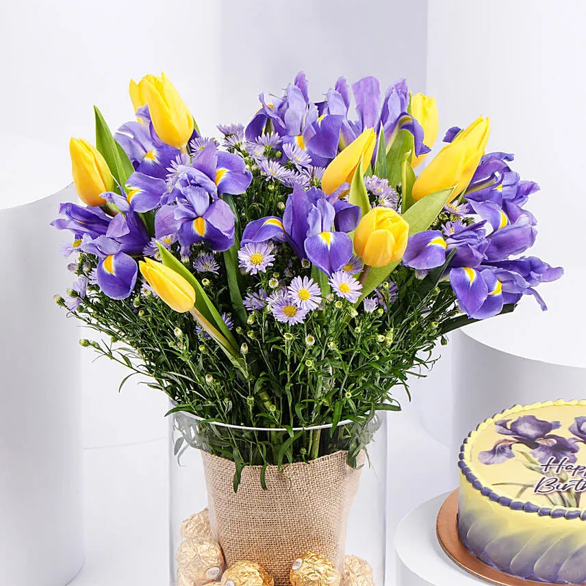 Feb Birthday Flower Iris & Tulips and Cake