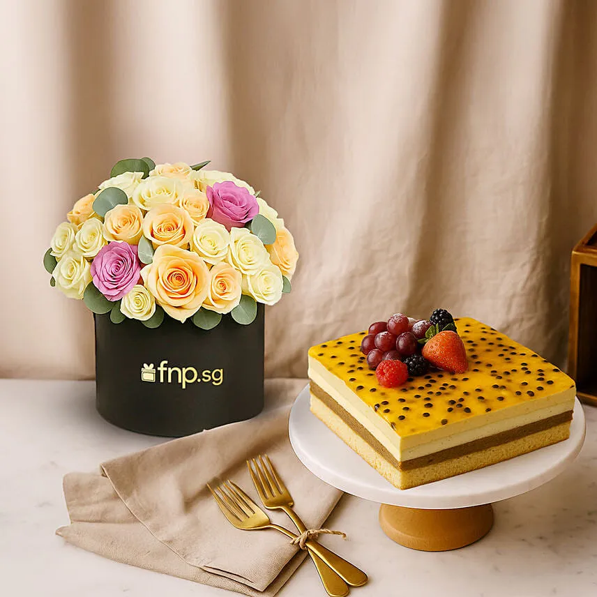 Dubai Chocolate Cake and Mix Roses Bundle