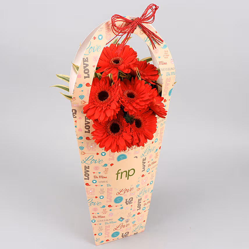 Red Gerberas In FNP Love Sleeve