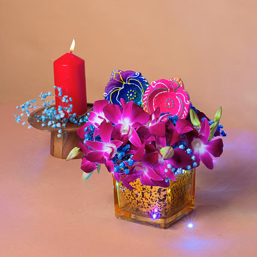 Orchids Vase N Diyas Deepavali Combo