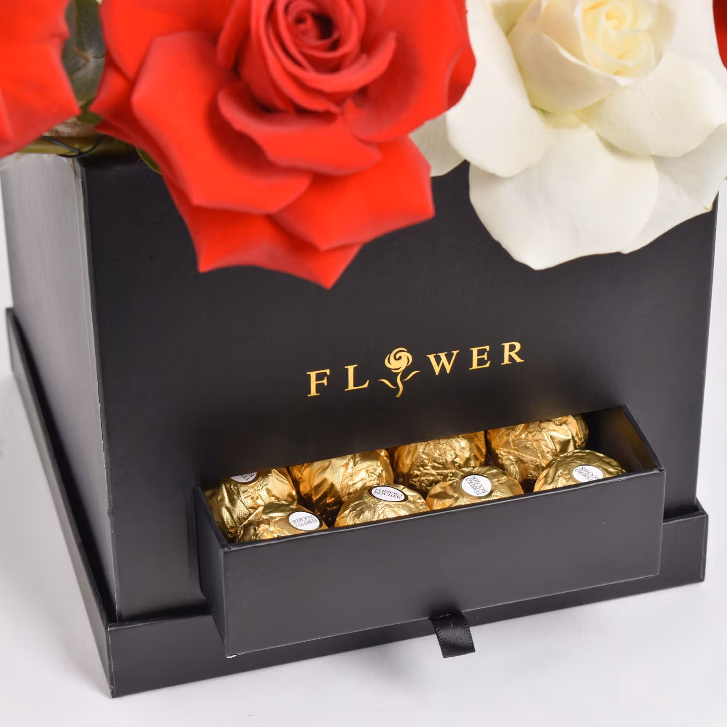 Luxurious Red and White Roses Beauty Box with Ferrero Rocher