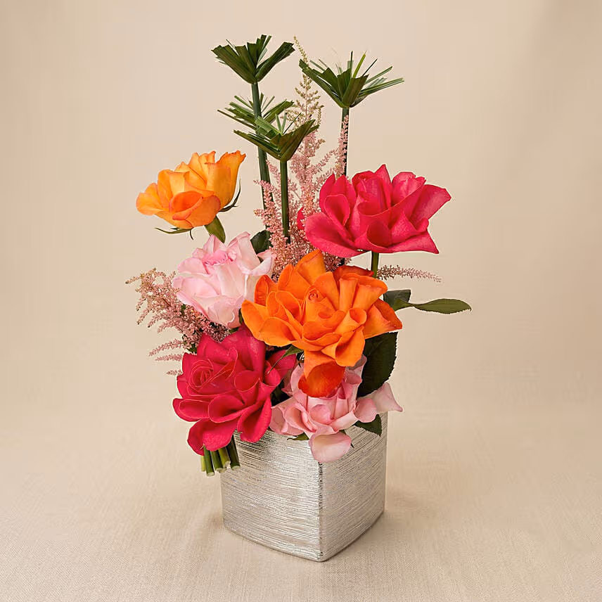 Vibrant Sunset Rose & Silver Ceramic Vase