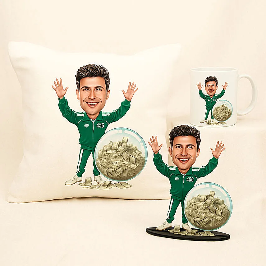 Personalised Caricature Style Green Tracksuit No. 456 Gift Set