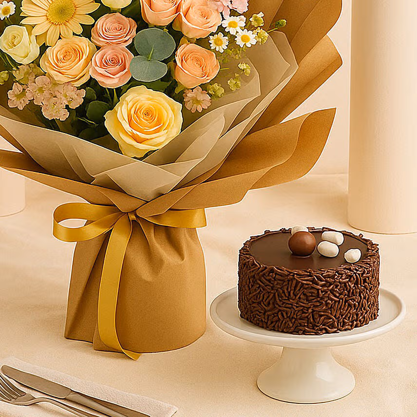 Dark Chocolate Mini Cake & Flower Bouquet