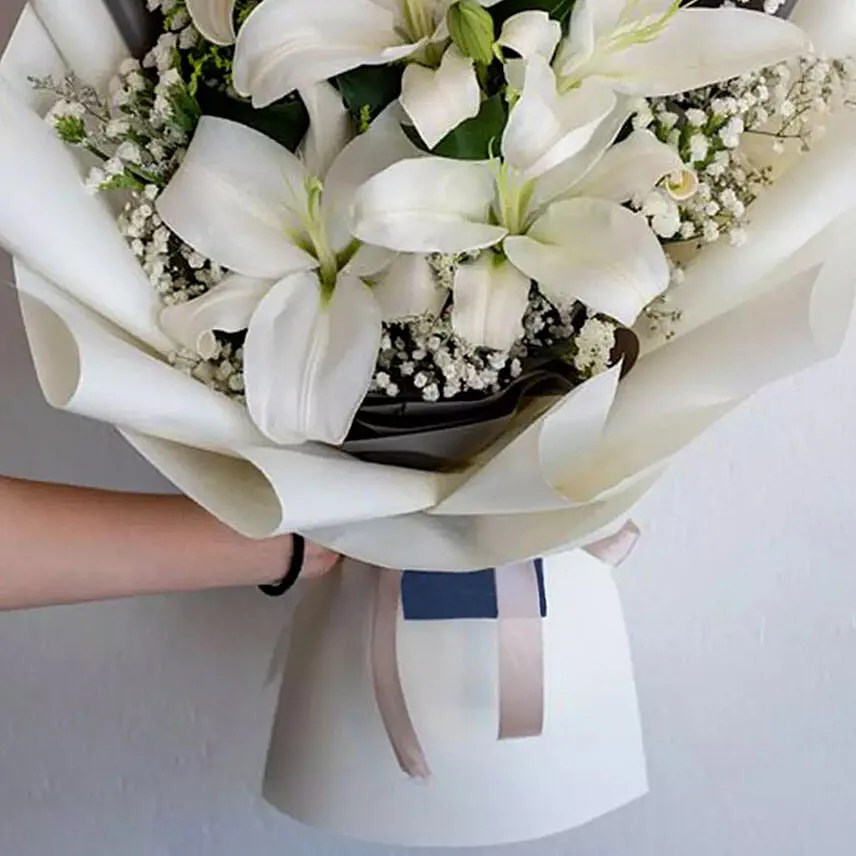 Charming White Lilies Bouquet With Birthday Balloons