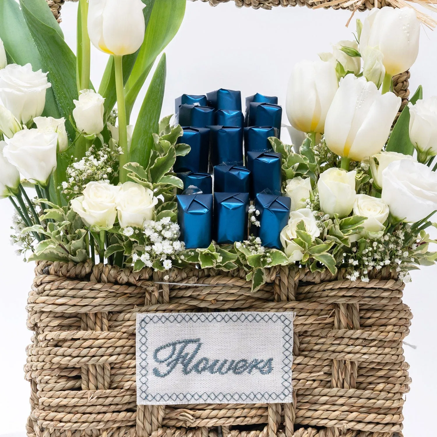 Elegant Tulips & Roses Floral Basket with Chocolates