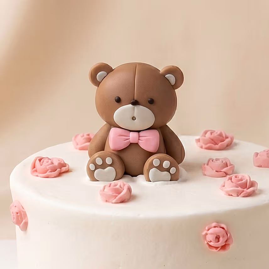Sweetest Hug Teddy Bear & Rose Cream Cake