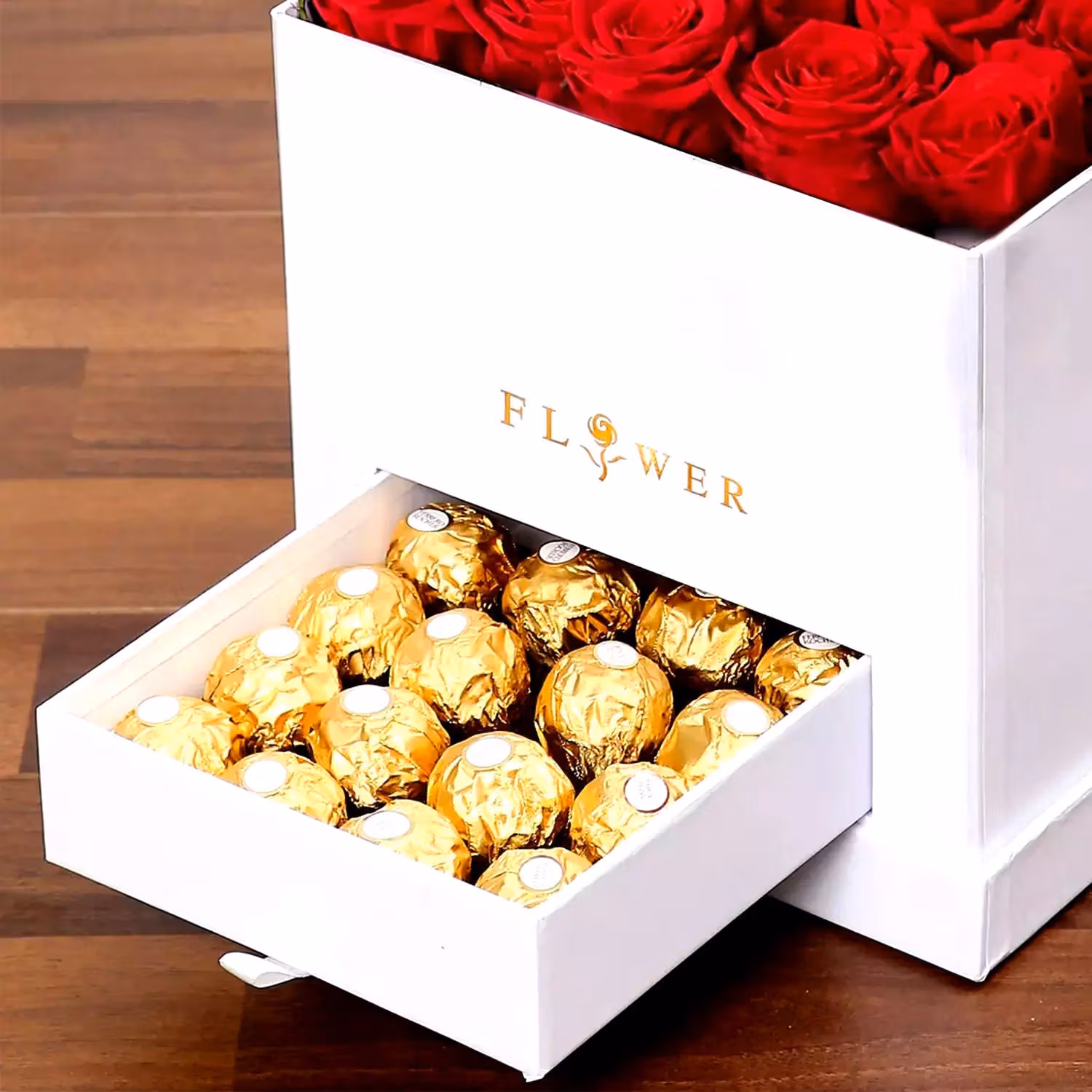 Luxurious Classic Red Roses with Ferrero Rocher in an Elegant White Box