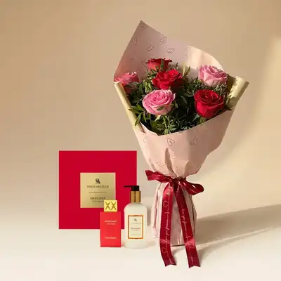 Eternal Romance: Pink & Red Roses with Shaghaf Oud Ahmar Gift Set