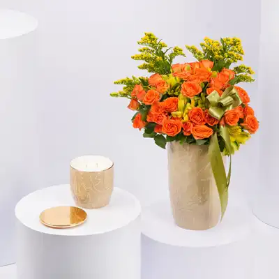 Otantik Home - Elegant Orange Roses & Candle Set in Ivory & Gold