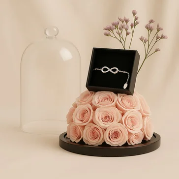 Elegant Infinite Charm Silver Bracelet with Pink Roses Under Glass Dome