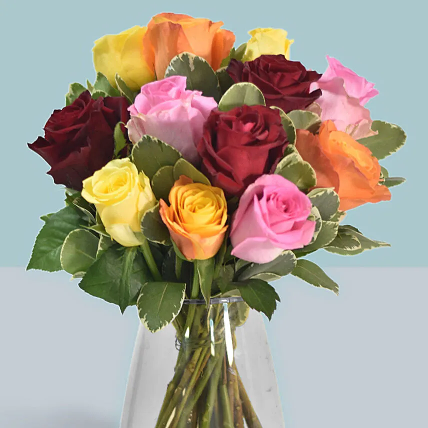 12 Vivid Roses in Vase