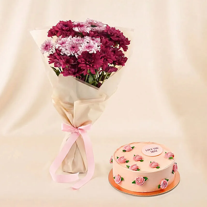 Elegant Dual Chrysanthemum Bouquet and Cake For Her