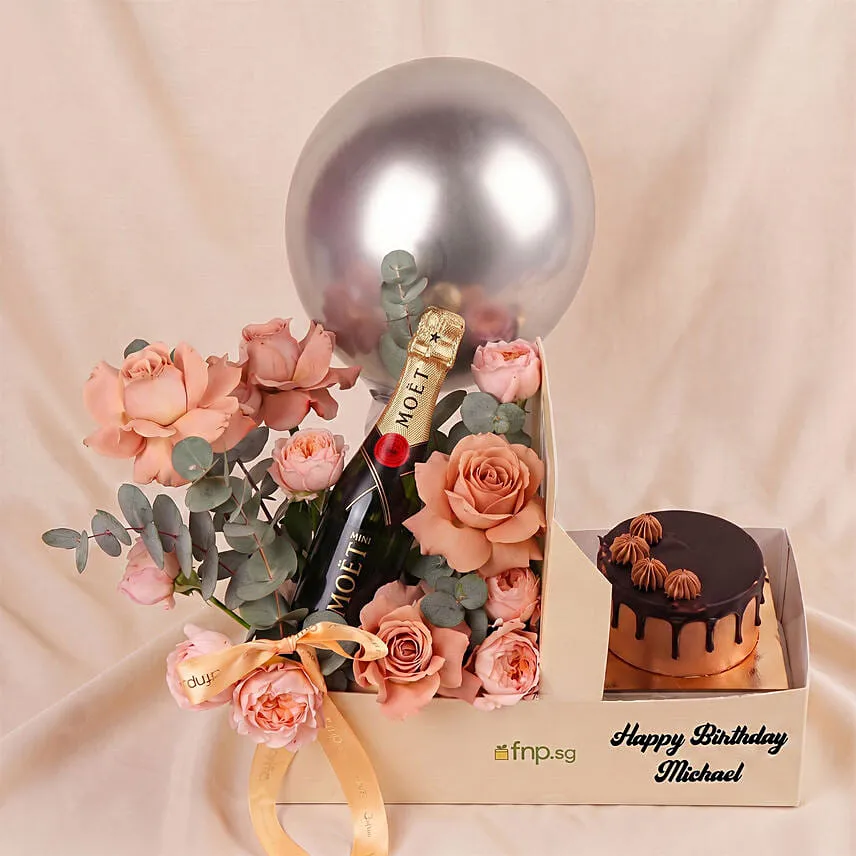 Personalised Gift Box With Wine, Roses & Cake