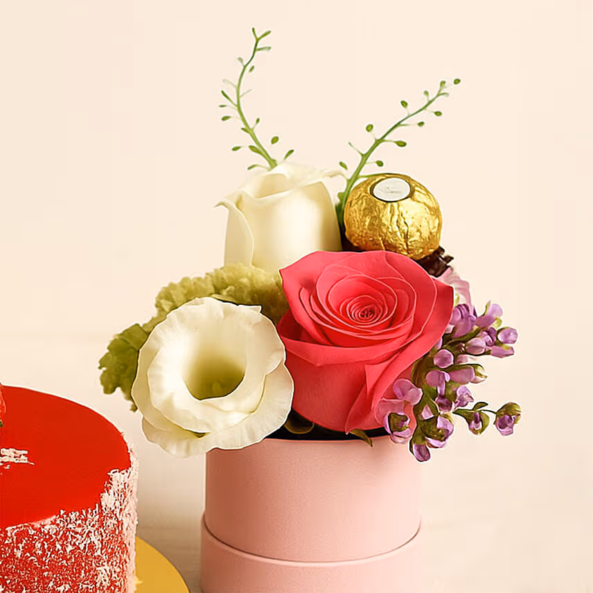 Pink Roses With Rocher With Mini Mousse Cake