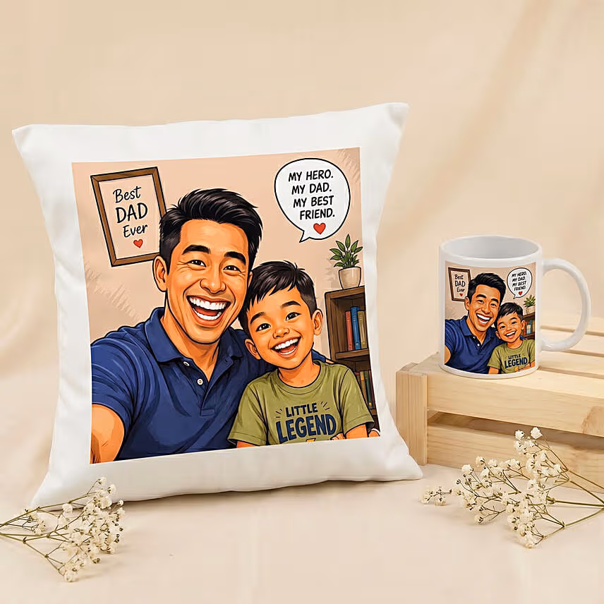 My Hero, My Dad - Comic Style Cushion & Mug Gift Set