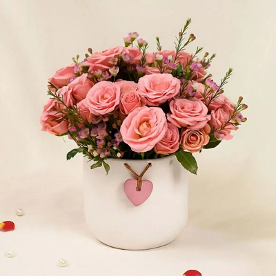 Pink Perfection Blooms Roses in White Heart Vase