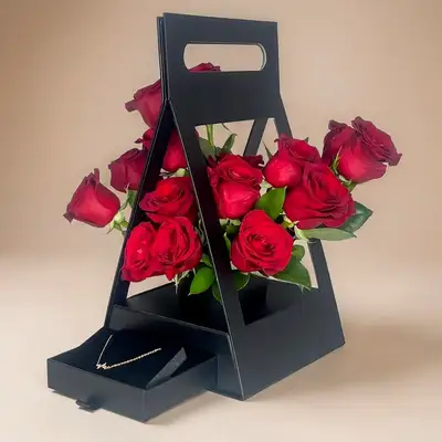 Midnight Romance Rose Box with Heartbeat Crystal Necklace