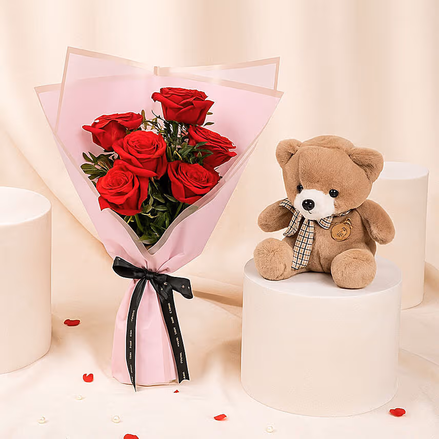 6 Valentines Red Rose Bouquet with Teddy
