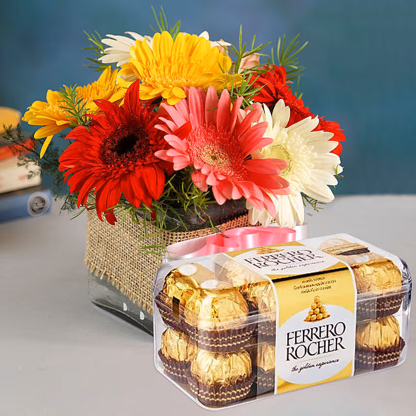 Petite Mixed Gerbera Floral Vase with Ferrero Rocher