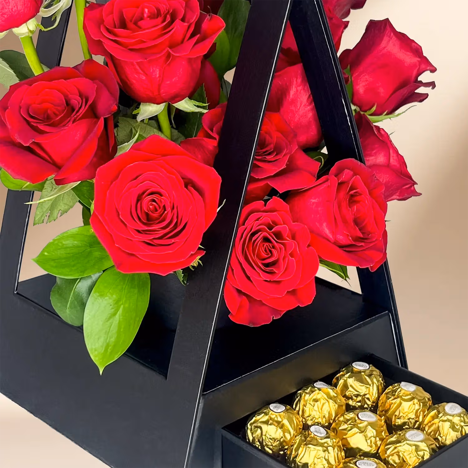 Elegant Hut Shaped Box with Red Roses and Ferrero Rocher Chocolates