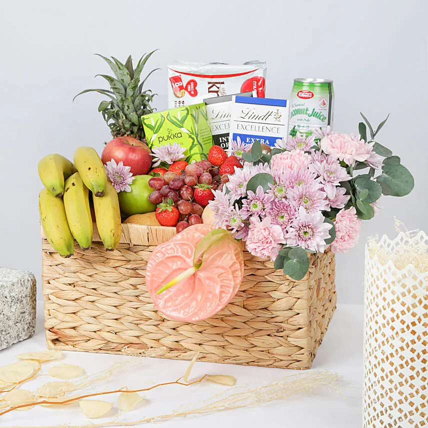 Delighful Fruits Chocolates and Flower Basket