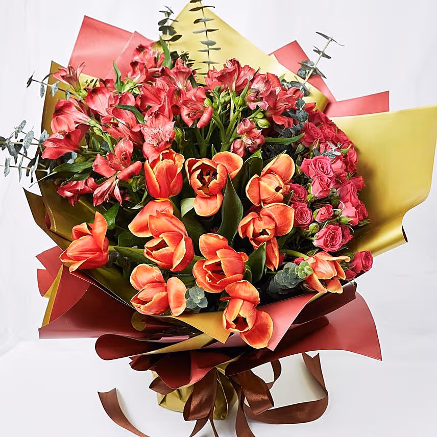 Lovely Mixed Flowers Wrapped Bouquet