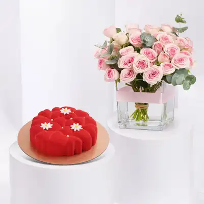 Romantic Pink Rose Arrangement with Decadent Red Velvet Cake - 500g