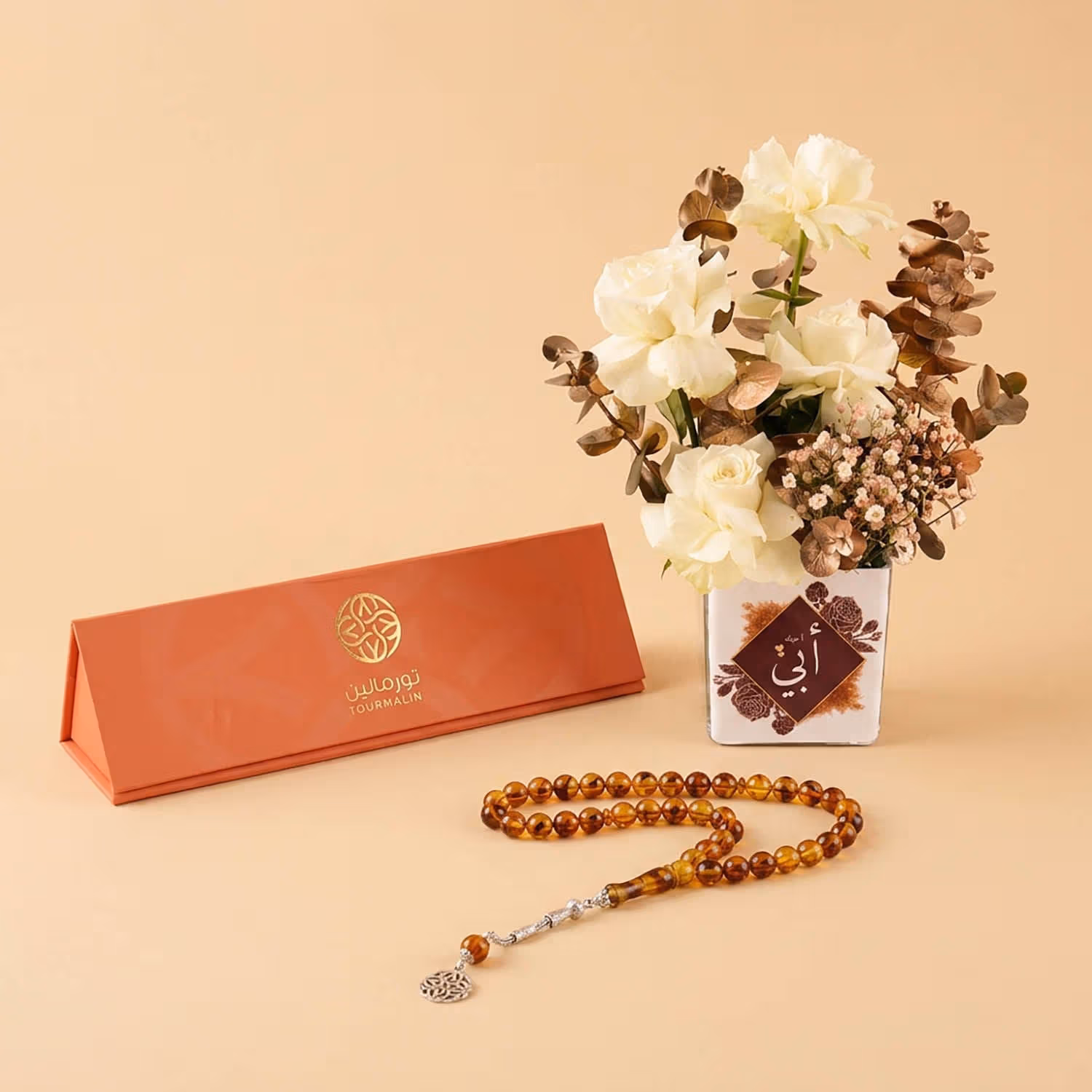 Luxurious Flower Vase with Elegant Amber Prayer Beads (Misbaha)