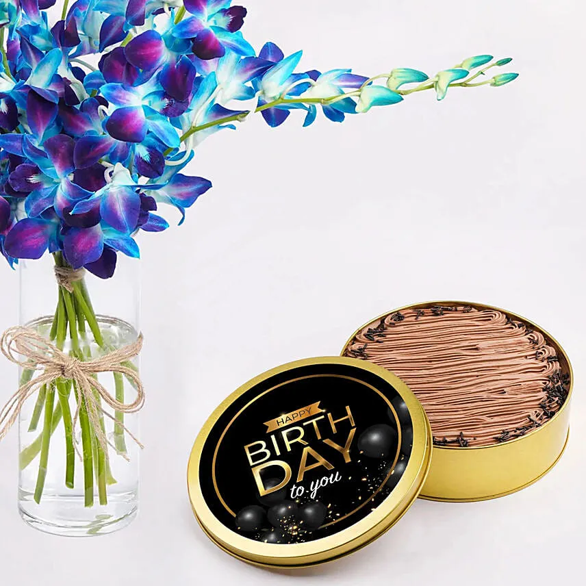 Blue Orchids Bouquet With Tin Cake