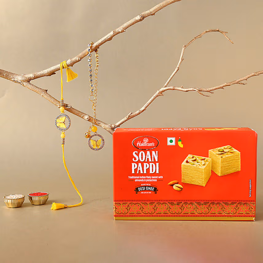 Sneh Yellow Bhaiya Bhabhi Rakhis & Soan Papdi