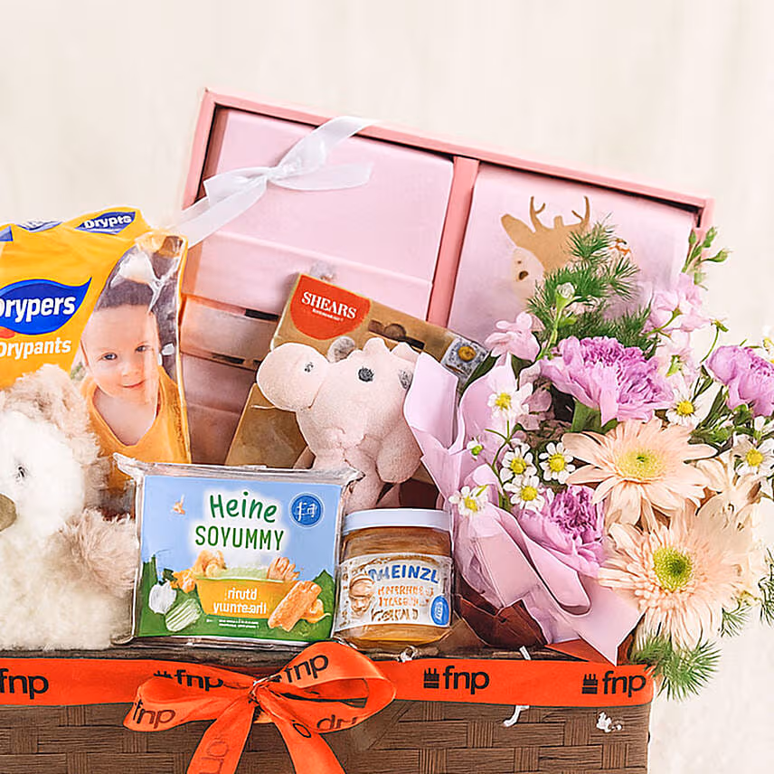 Brown Straw Basket Baby Hamper