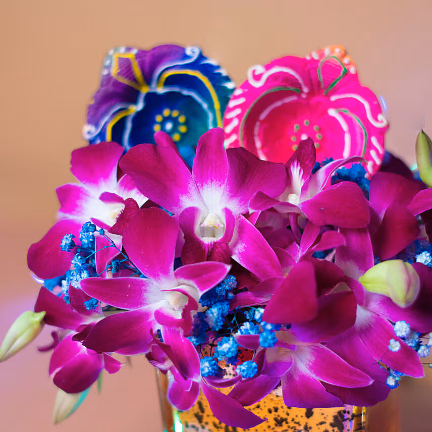 Orchids Vase N Diyas Deepavali Combo