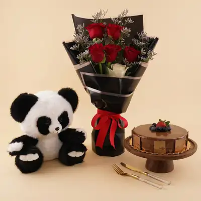 Chocolate Cake with Teddy n Flower Bouquet