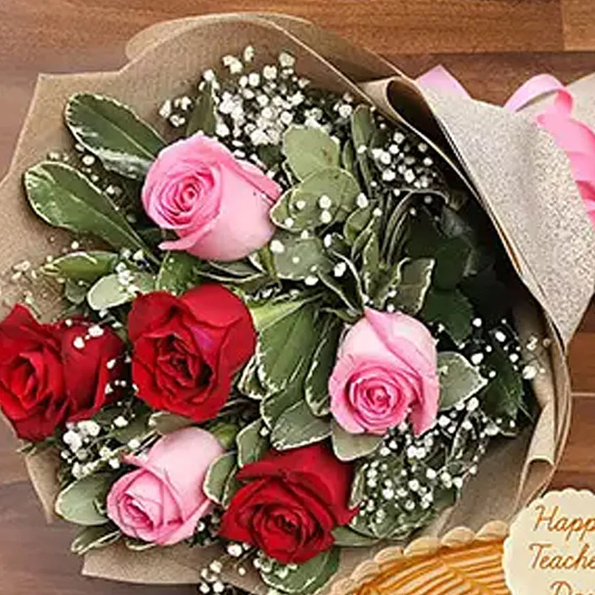 Rose Bouquet  and Butterscotch Cake For Teacher