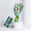 Kenooz Gift Set: Elegant White Roses Bouquet with Perfume Oil & Bakhoor