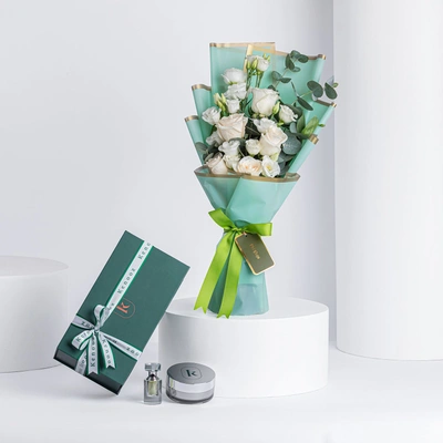 Kenooz Gift Set: Elegant White Roses Bouquet with Perfume Oil & Bakhoor