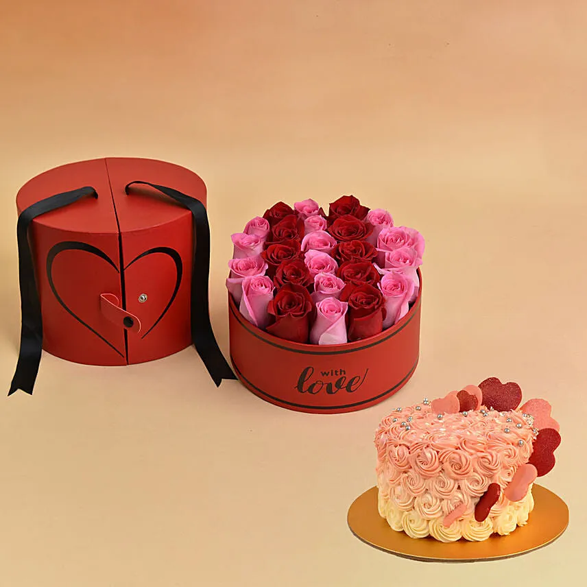 Roses Love Box For Valentine With Fairy Cream Cake