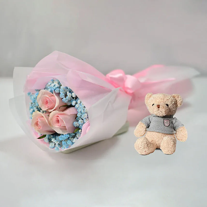 Lovely Pink Rose Baby Breath Bouquet With Teddy