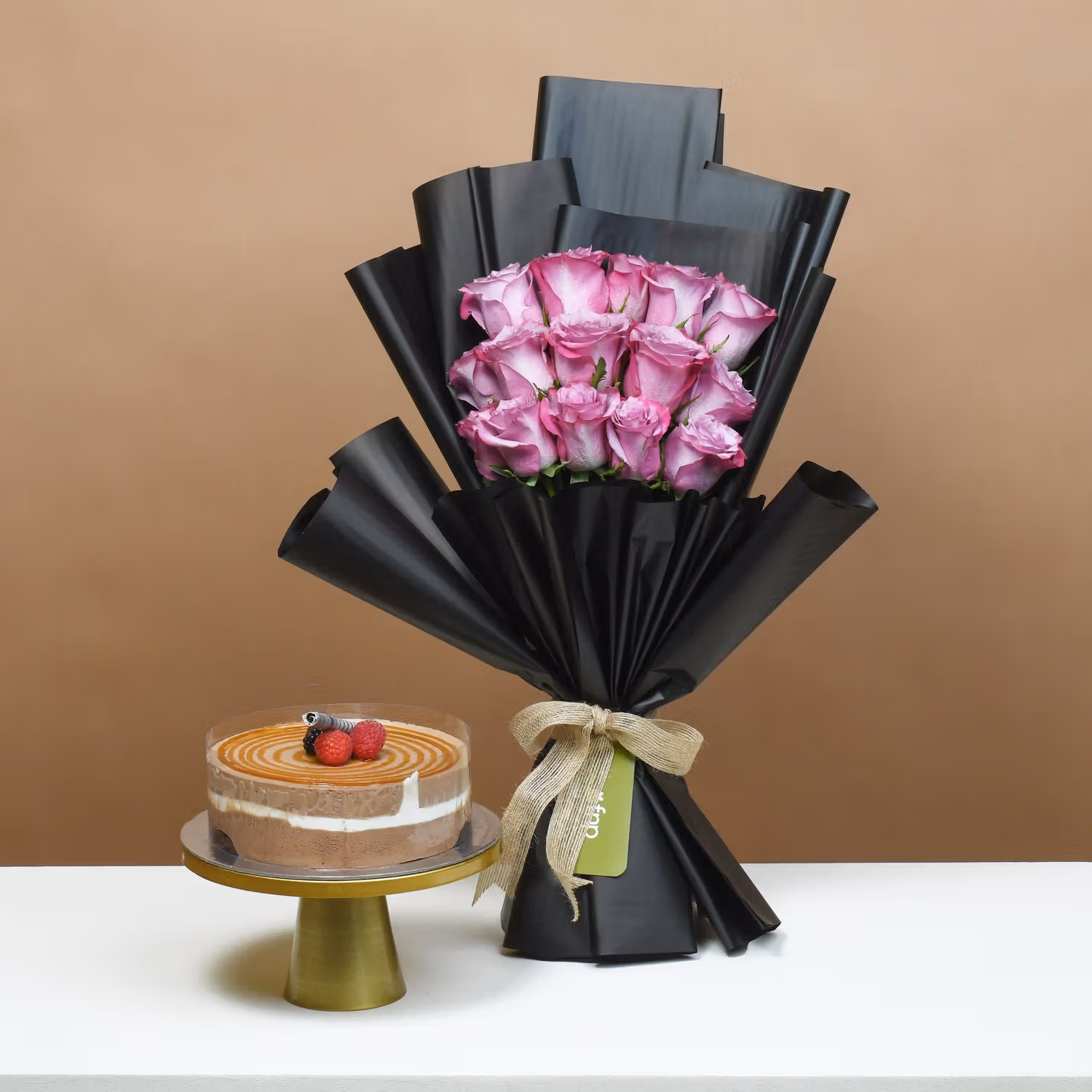 Luxurious Purple Rose Bouquet with Decadent Triple Chocolate Cake